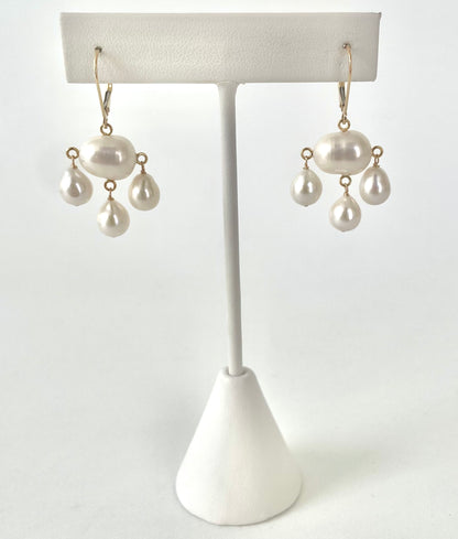 Pearl & Solid 14k Yellow Gold Chandelier Earrings with Lever Back Hook
