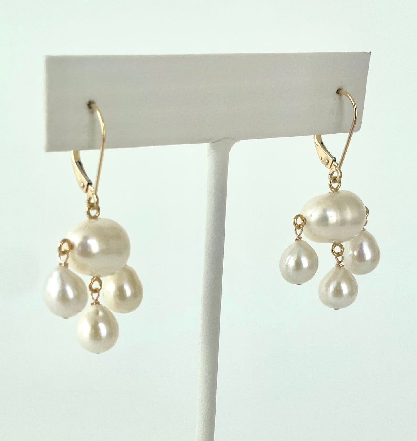 Pearl & Solid 14k Yellow Gold Chandelier Earrings with Lever Back Hook
