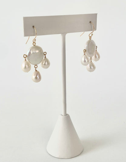 Bridal Pearl Chandelier Earrings with Solid 14k Yellow Gold