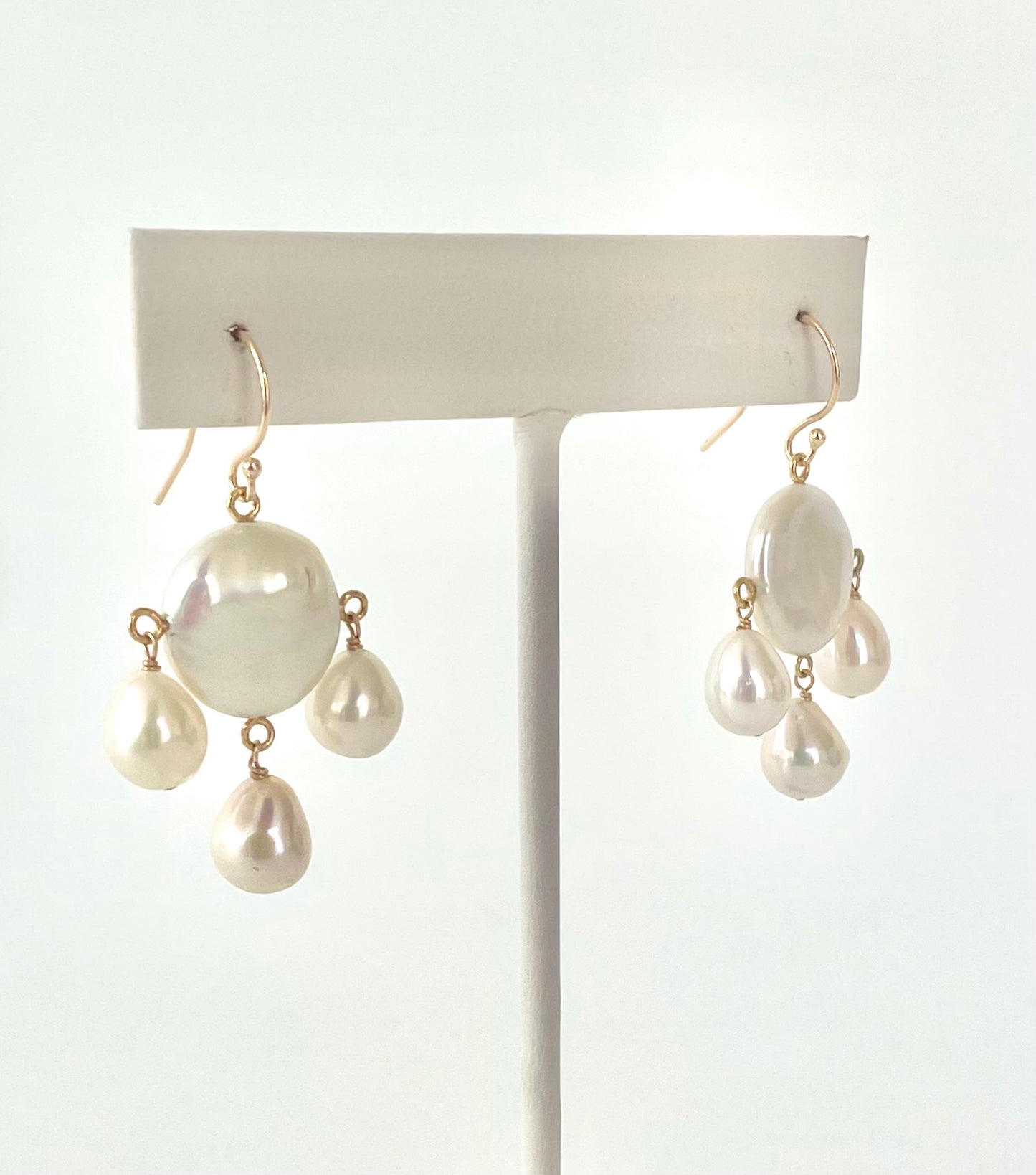 Bridal Pearl Chandelier Earrings with Solid 14k Yellow Gold