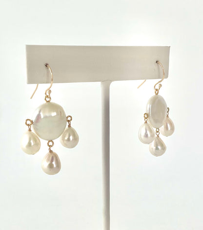Bridal Pearl Chandelier Earrings with Solid 14k Yellow Gold