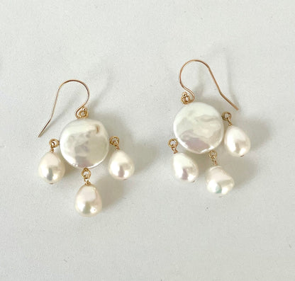 Bridal Pearl Chandelier Earrings with Solid 14k Yellow Gold