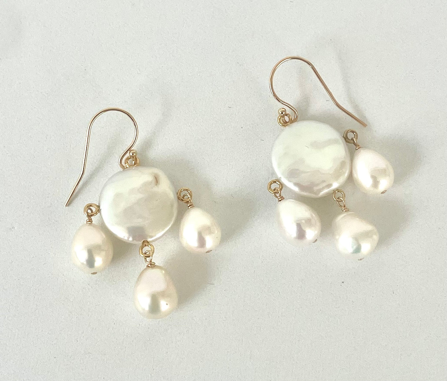 Bridal Pearl Chandelier Earrings with Solid 14k Yellow Gold