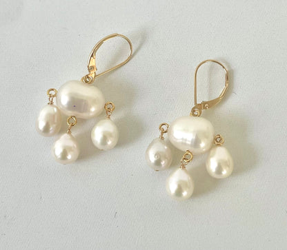 Pearl & Solid 14k Yellow Gold Chandelier Earrings with Lever Back Hook