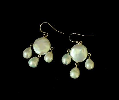 Bridal Pearl Chandelier Earrings with Solid 14k Yellow Gold