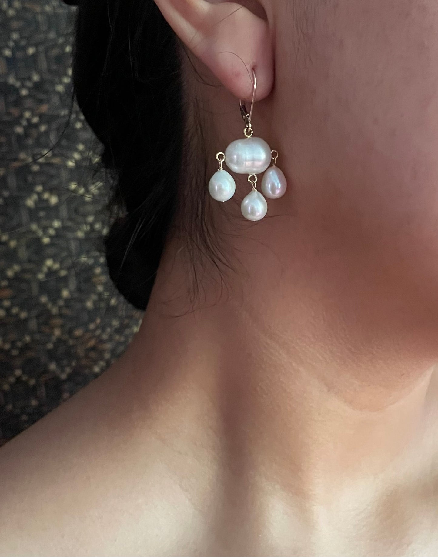 Pearl & Solid 14k Yellow Gold Chandelier Earrings with Lever Back Hook