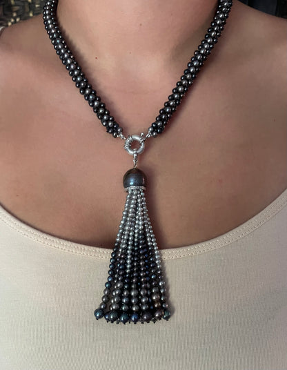 Black Pearl Rope Necklace with Removable Graduated Tassel