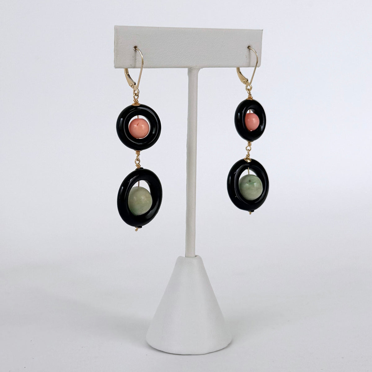 Black Onyx, Jade, Coral & 14k Gold Dangle Earrings
