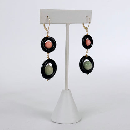 Black Onyx, Jade, Coral & 14k Gold Dangle Earrings