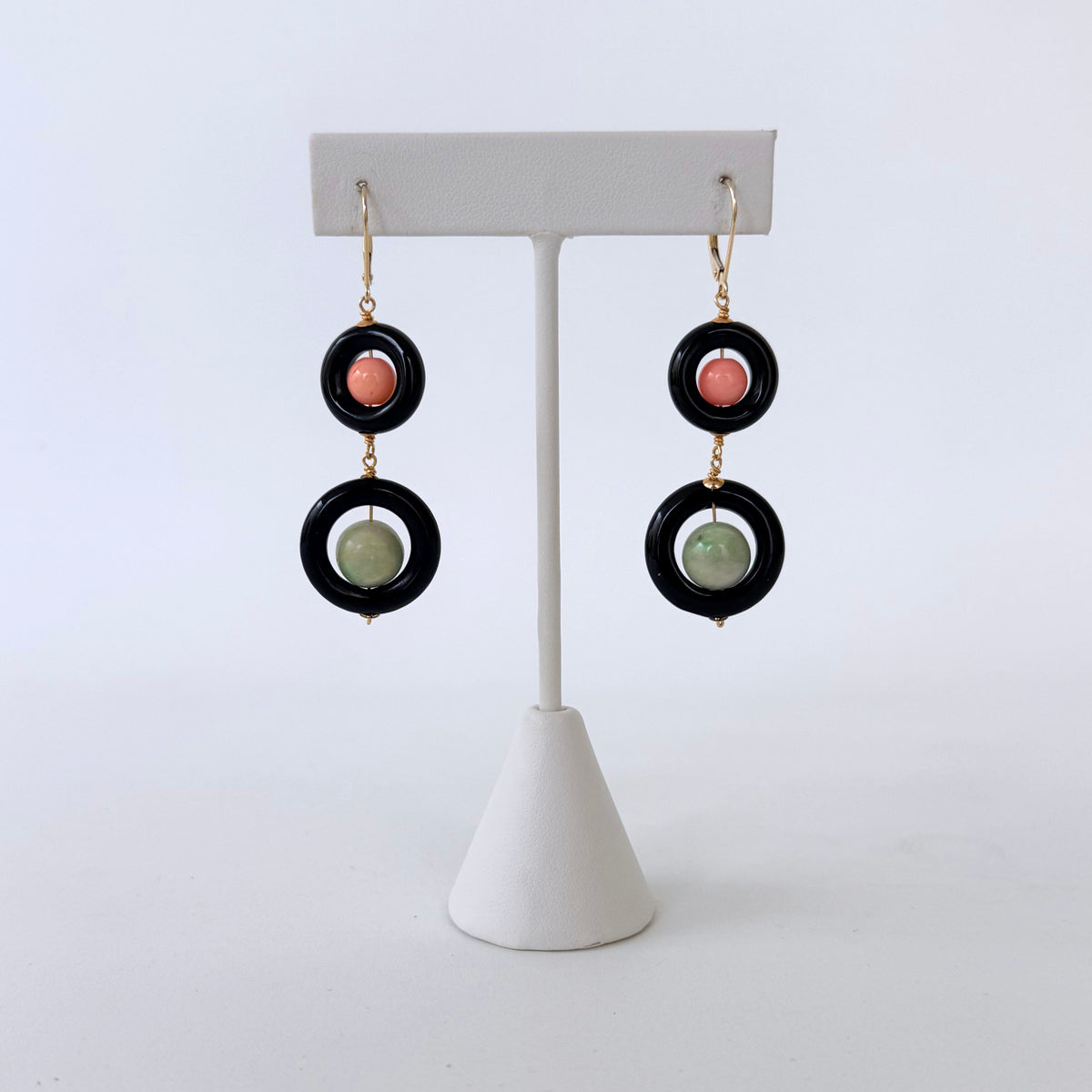 Black Onyx, Jade, Coral & 14k Gold Dangle Earrings