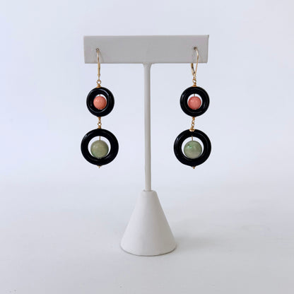 Black Onyx, Jade, Coral & 14k Gold Dangle Earrings