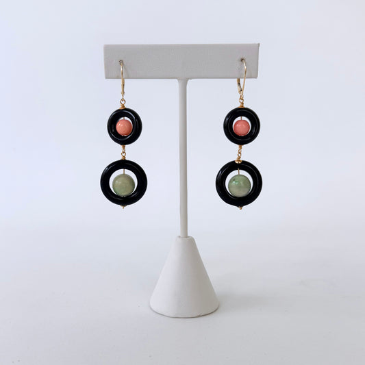 Black Onyx, Jade, Coral & 14k Gold Dangle Earrings
