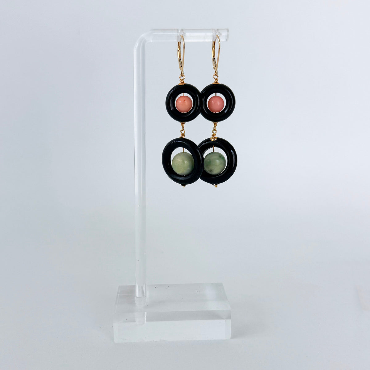 Black Onyx, Jade, Coral & 14k Gold Dangle Earrings