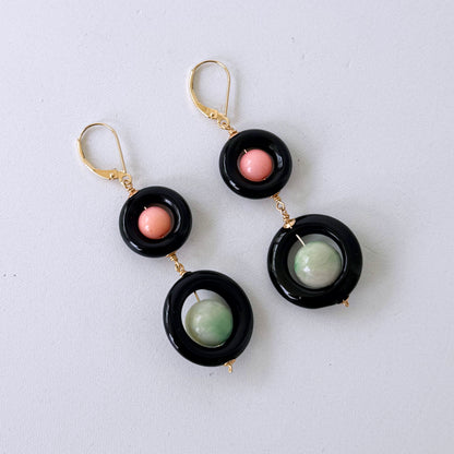 Black Onyx, Jade, Coral & 14k Gold Dangle Earrings