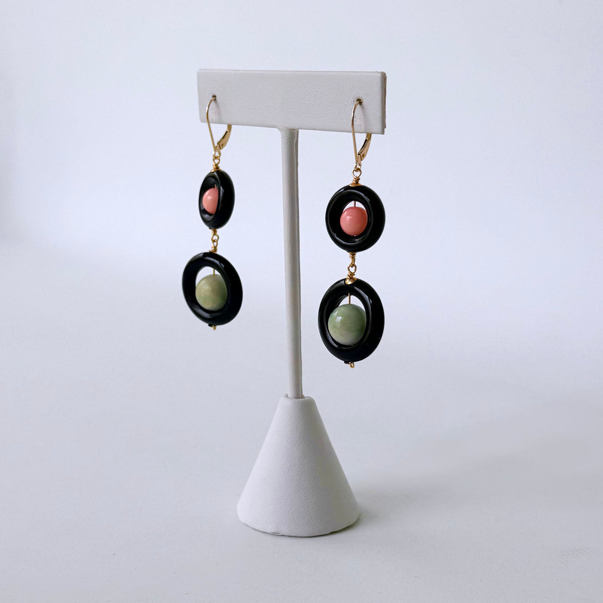 Black Onyx, Jade, Coral & 14k Gold Dangle Earrings