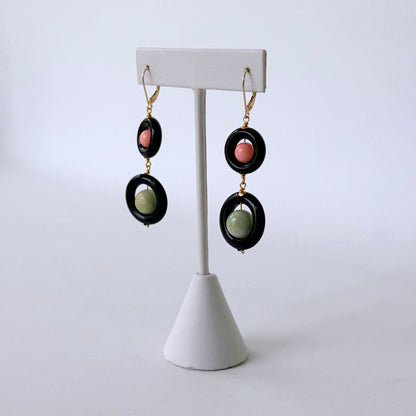 Black Onyx, Jade, Coral & 14k Gold Dangle Earrings