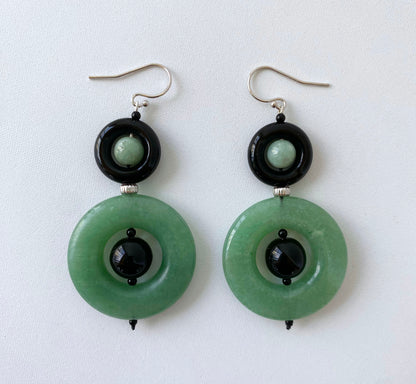 Green Jade & Black Onyx Dangle Earrings with solid 14k White Gold Hooks