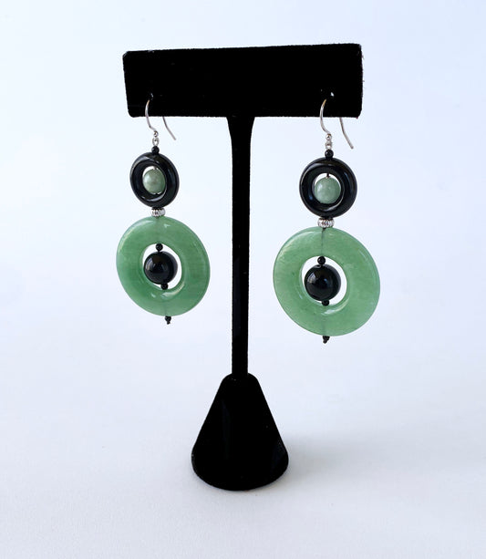 Green Jade & Black Onyx Dangle Earrings with solid 14k White Gold Hooks