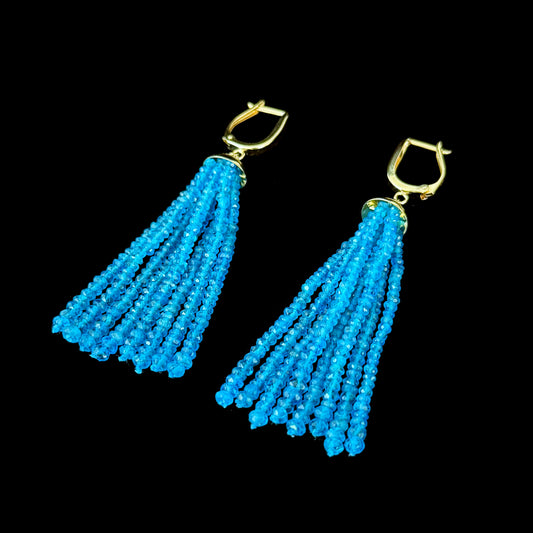 Faceted London Blue Topaz Tassel Earrings with Gold Plated Hooks