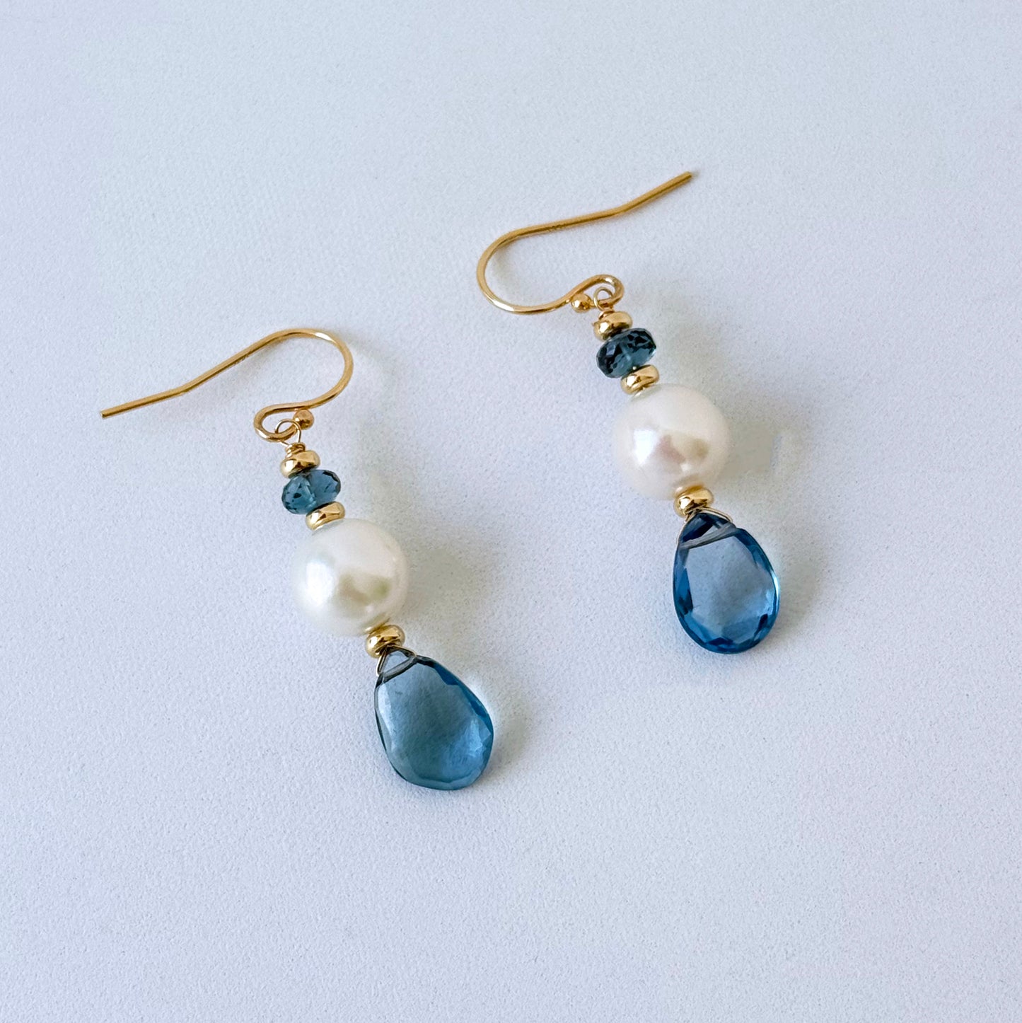London Blue Topaz, Pearl & Solid 14k Yellow Gold Earring