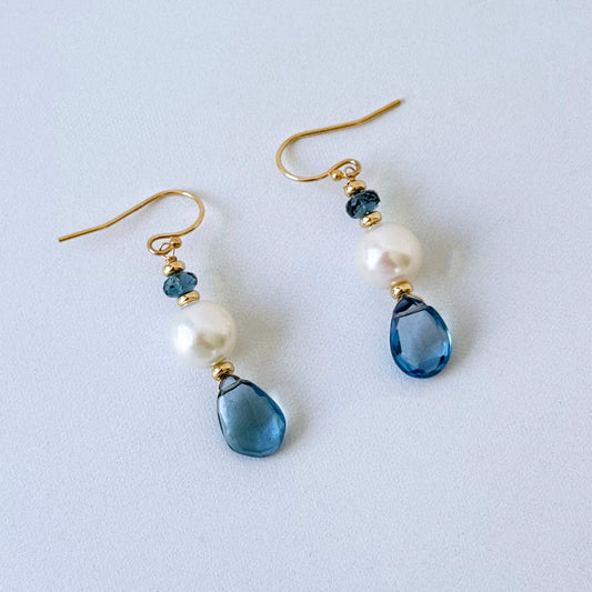 London Blue Topaz, Pearl & Solid 14k Yellow Gold Earring