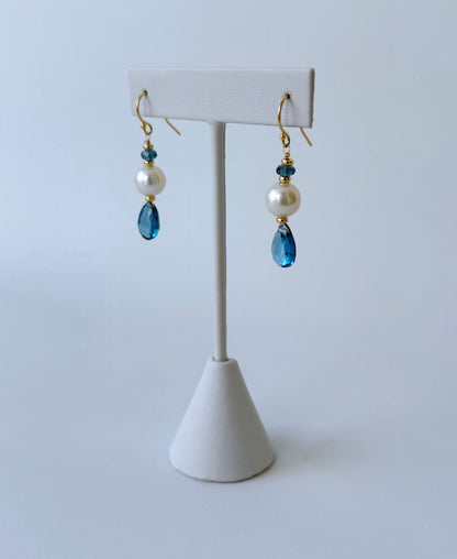 London Blue Topaz, Pearl & Solid 14k Yellow Gold Earring