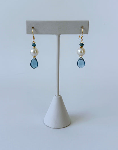 London Blue Topaz, Pearl & Solid 14k Yellow Gold Earring