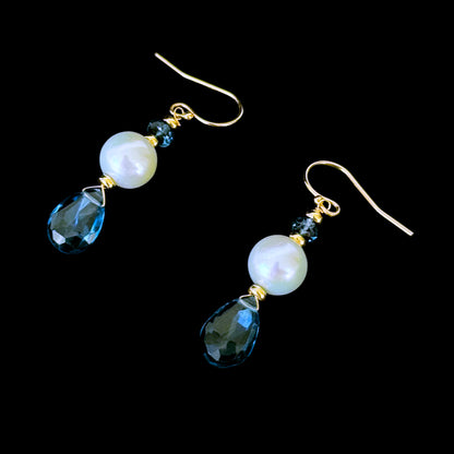 London Blue Topaz, Pearl & Solid 14k Yellow Gold Earring