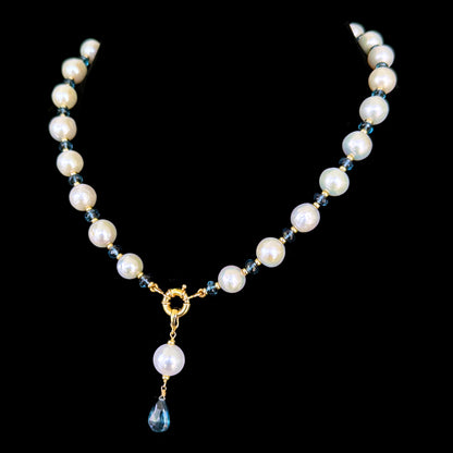 London Blue Topaz, Solid 14k Yellow Gold & Pearl Necklace with Removable Drop
