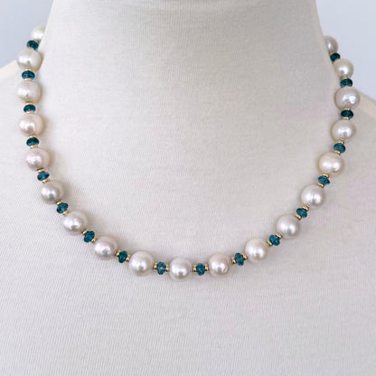 London Blue Topaz, Solid 14k Yellow Gold & Pearl Necklace with Removable Drop