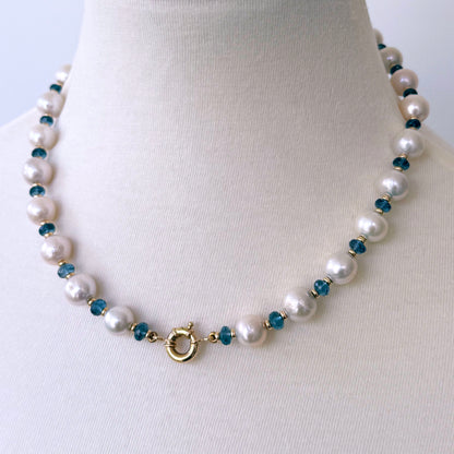 London Blue Topaz, Solid 14k Yellow Gold & Pearl Necklace with Removable Drop