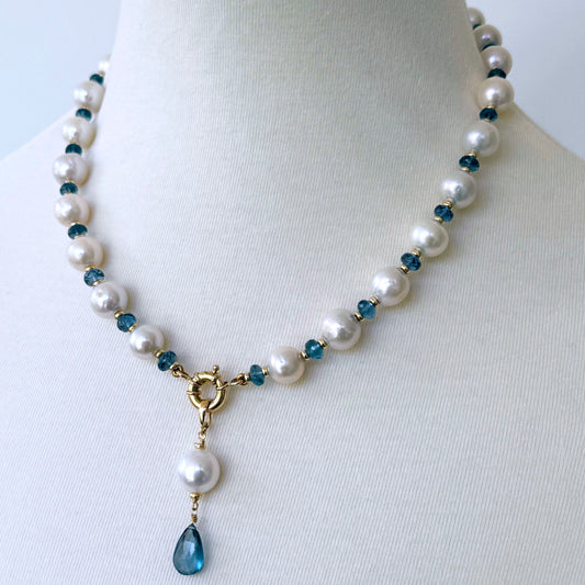 London Blue Topaz, Solid 14k Yellow Gold & Pearl Necklace with Removable Drop