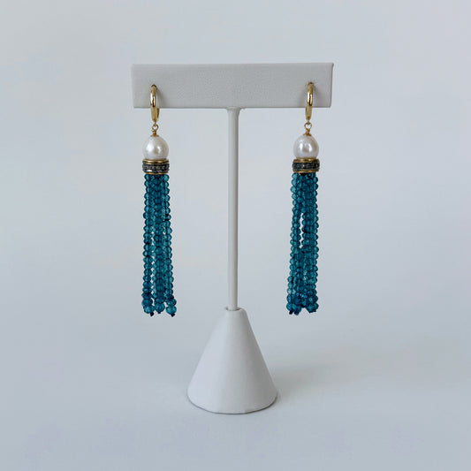 London Blue Topaz, Pearl, Diamond & Solid 14k Tassel Earrings
