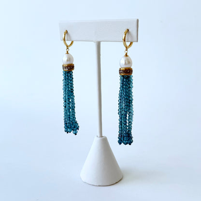 London Blue Topaz, Pearl, Diamond & Solid 14k Tassel Earrings
