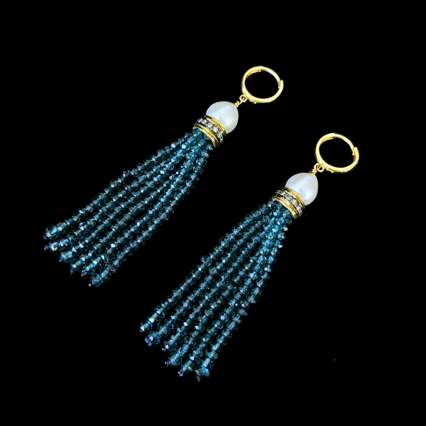 London Blue Topaz, Pearl, Diamond & Solid 14k Tassel Earrings