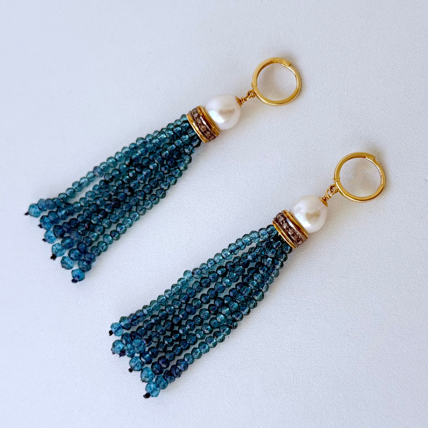 London Blue Topaz, Pearl, Diamond & Solid 14k Tassel Earrings
