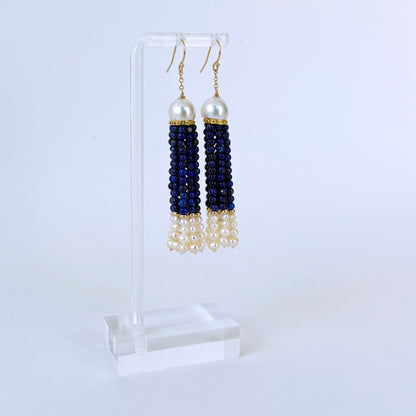 Lapis Lazuli & Pearl Graduated Earrings with Diamonds & Solid 14k Gold