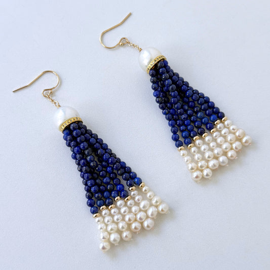 Lapis Lazuli & Pearl Graduated Earrings with Diamonds & Solid 14k Gold