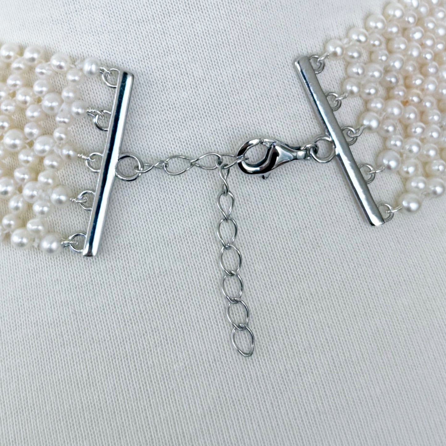 Lace Woven Pearl Choker with Adjustable Rhodium Clasp