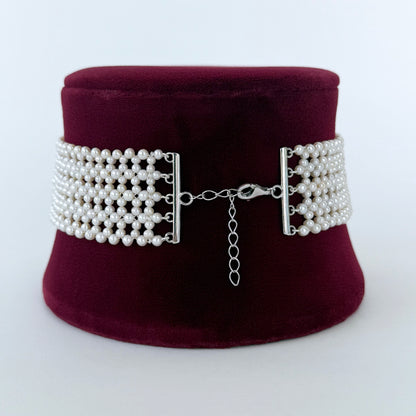 Lace Woven Pearl Choker with Adjustable Rhodium Clasp