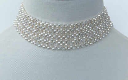 Lace Woven Pearl Choker with Adjustable Rhodium Clasp