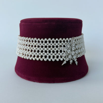 Lace Woven Pearl Choker with Adjustable Rhodium Clasp