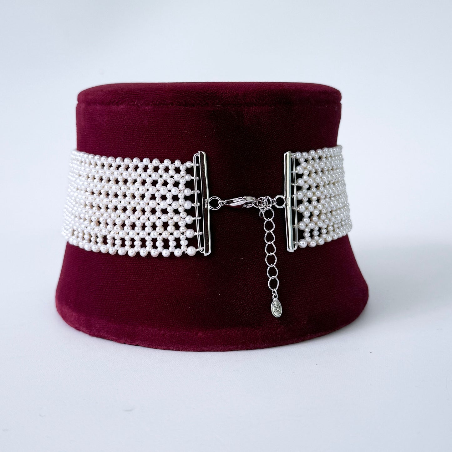Lace Woven Seed Pearl Choker with Adjustable Silver Clasp