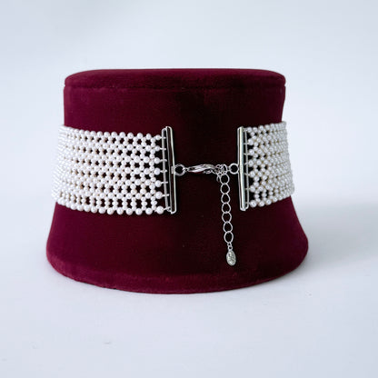 Lace Woven Seed Pearl Choker with Adjustable Silver Clasp