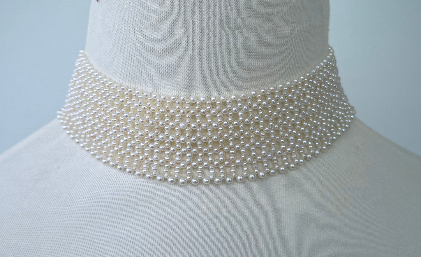 Lace Woven Seed Pearl Choker with Adjustable Silver Clasp