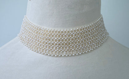 Lace Woven Seed Pearl Choker with Adjustable Silver Clasp