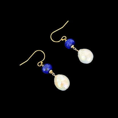 Lapis Lazuli, Pearl & Solid 14k Gold Earrings