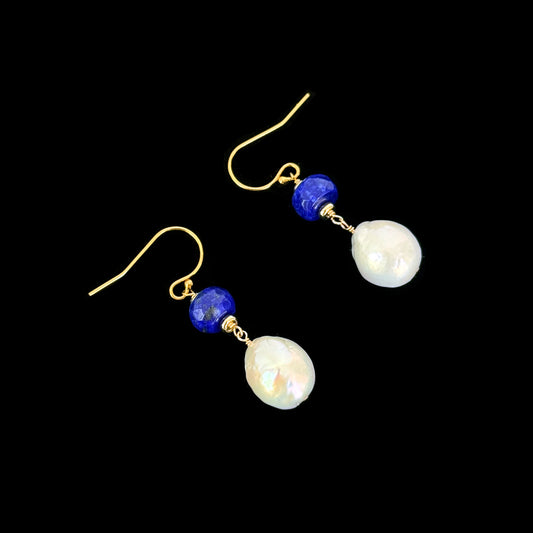 Lapis Lazuli, Pearl & Solid 14k Gold Earrings