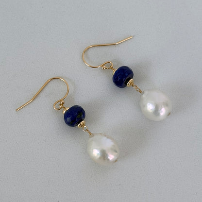 Lapis Lazuli, Pearl & Solid 14k Gold Earrings
