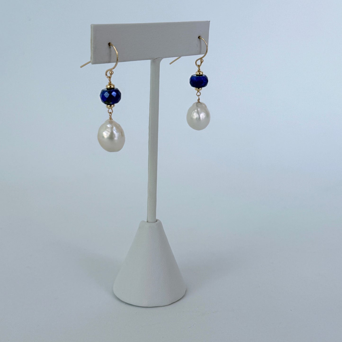 Lapis Lazuli, Pearl & Solid 14k Gold Earrings